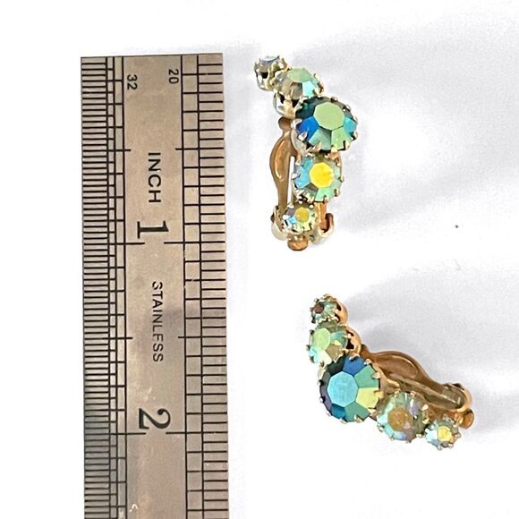 Vintage 1950’s Aurora Borealis Crescent Clip Earrings - Picture 5 of 5